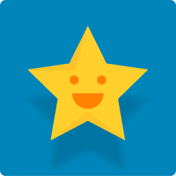 Happy yellow cartoon star with smiling face on blue background