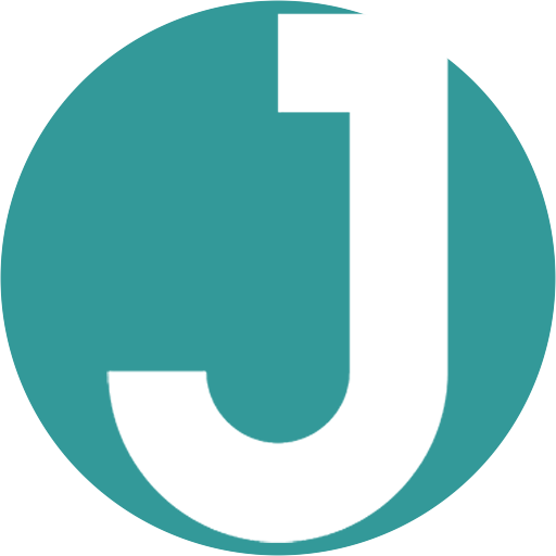 Teal circular logo with white letter J