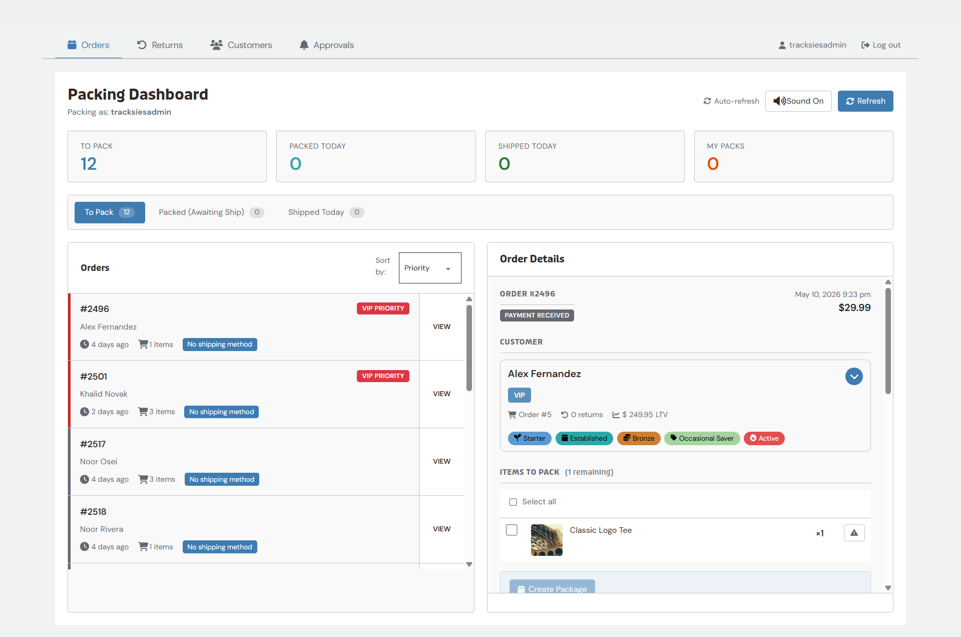 E-commerce packing dashboard showing orders and order details