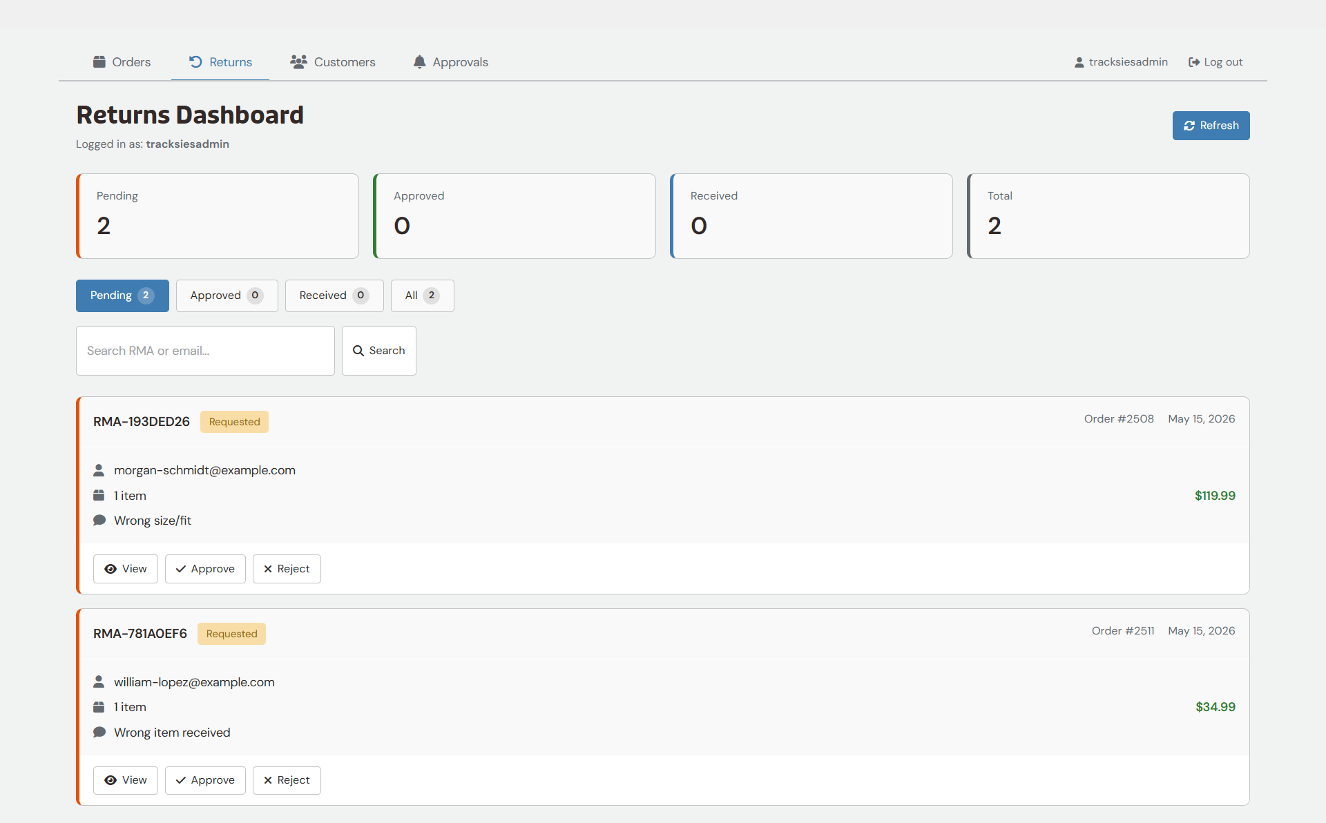 Returns dashboard showing two pending RMA requests