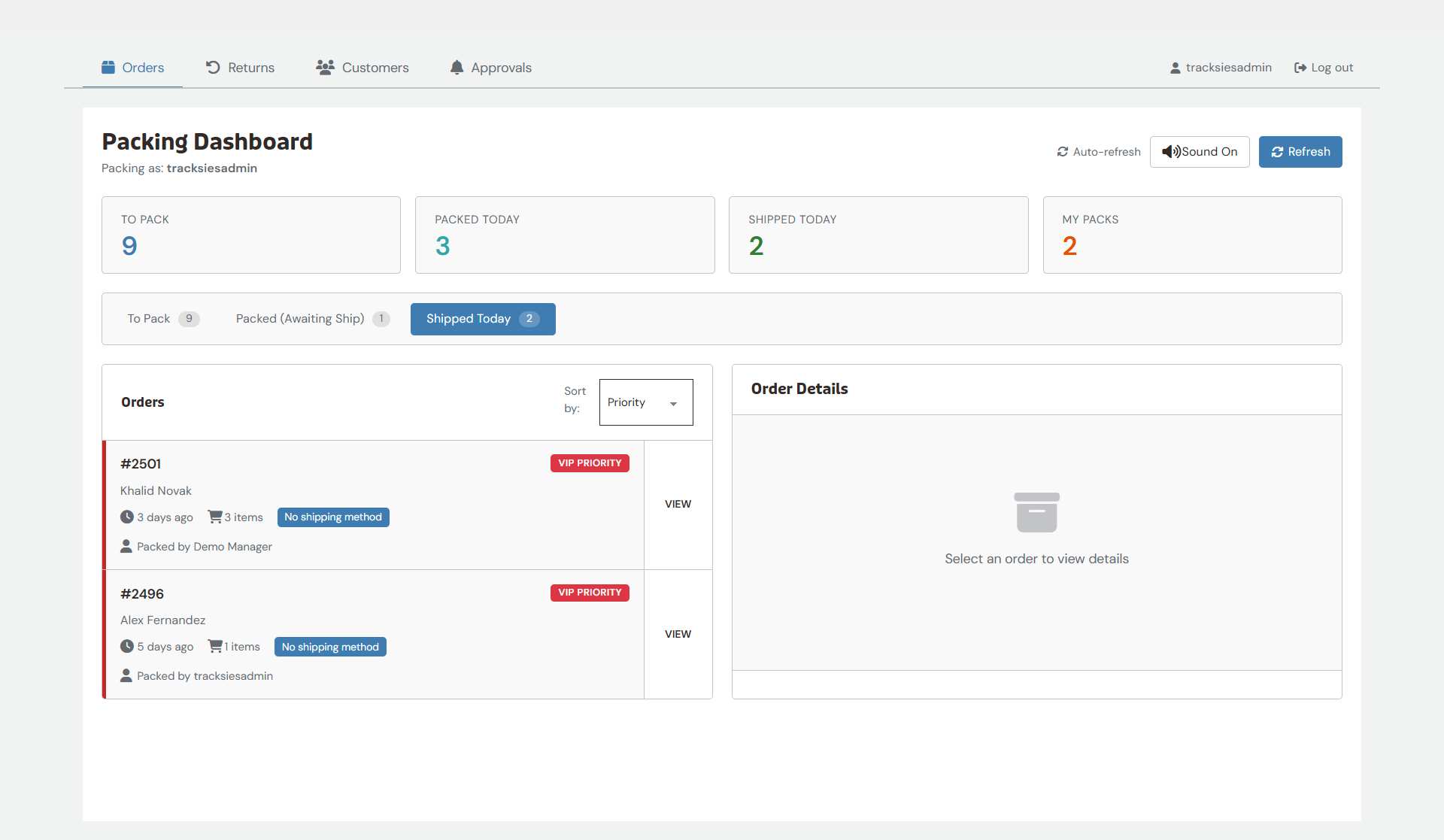 Packing dashboard showing orders, shipping stats, and VIP priority