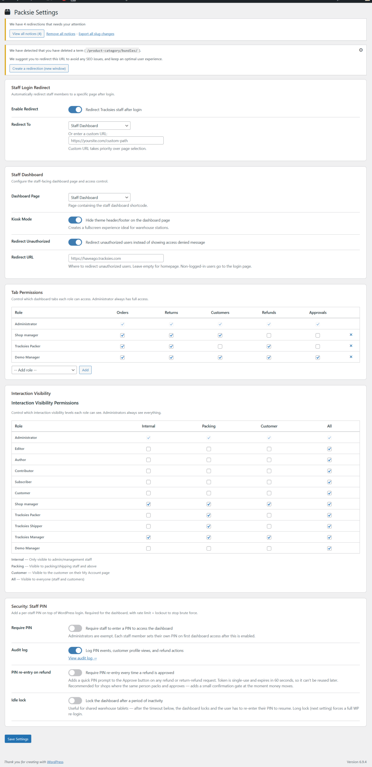 Packsie WordPress plugin settings dashboard interface